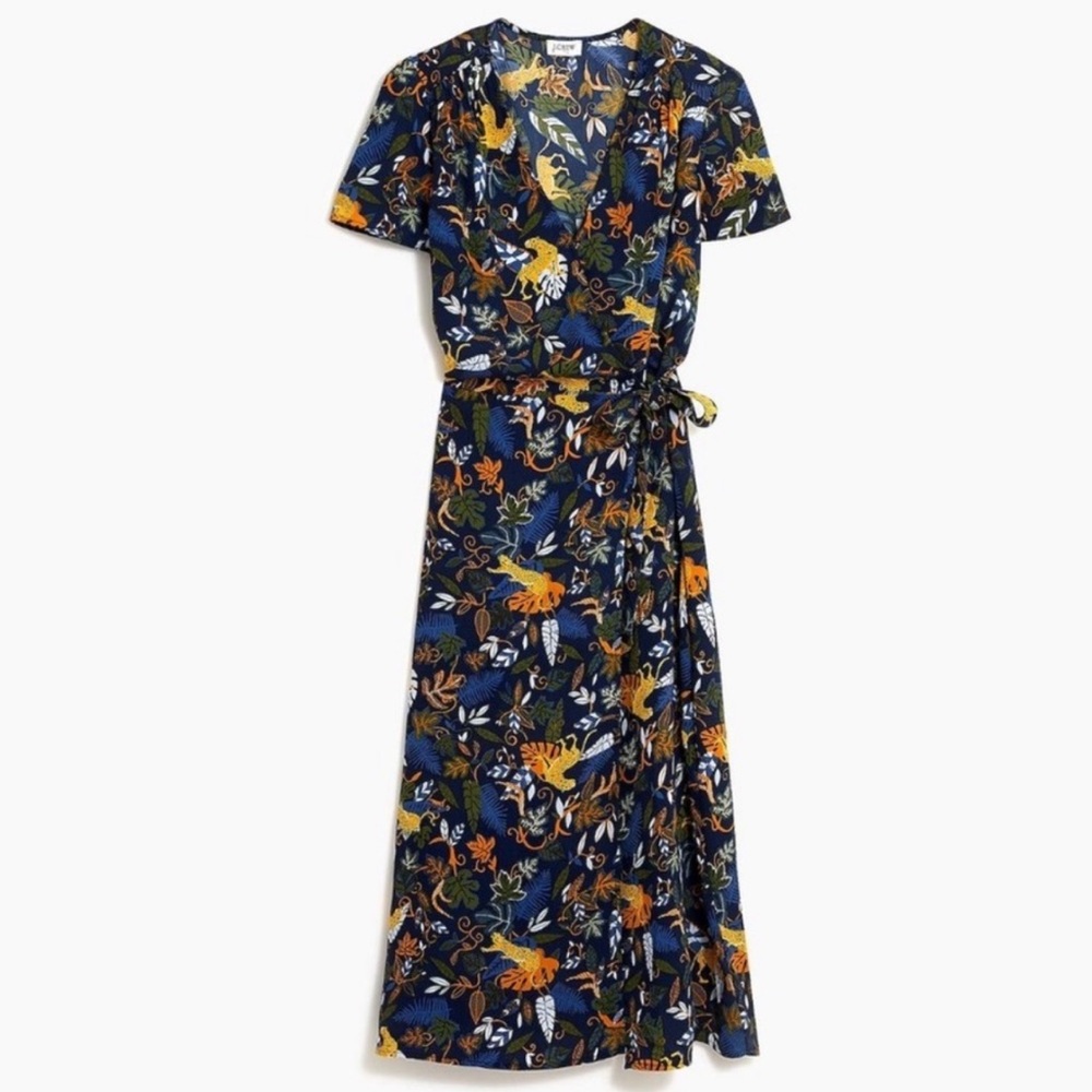 J.Crew Factory Blue Jungle Tiger Print Flutter Sleeve Wrap Dress